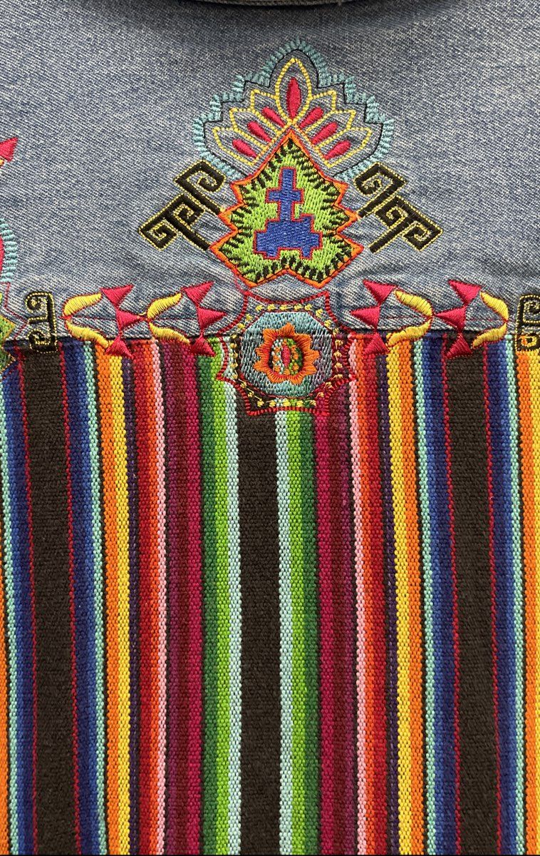 Bedford Fair Women's Vintage Y2K Blue Embroidered Denim Jacket Boho Striped 2X