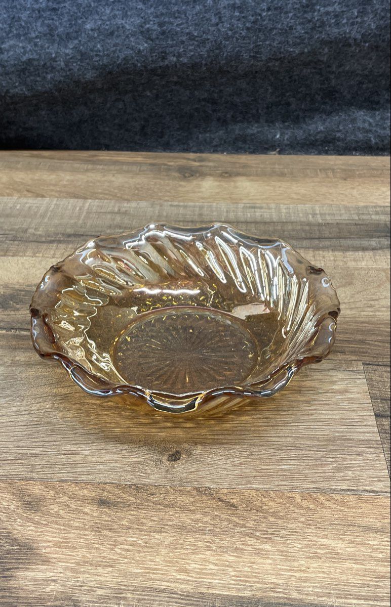 Vintage Jeannette Swirl Marigold Carnival Glass Ruffled Candy Bowl Dish