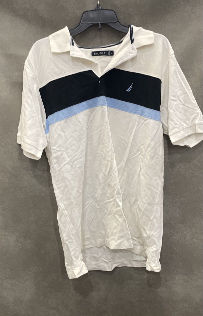 Nautica Men's Short Sleeve Polo Shirt White Navy Blue Chest Stripe Size L