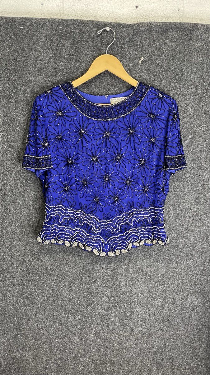Vintage 90s Adrianna Papell Women's Blue Beaded Silk Evening Blouse Top Sz L