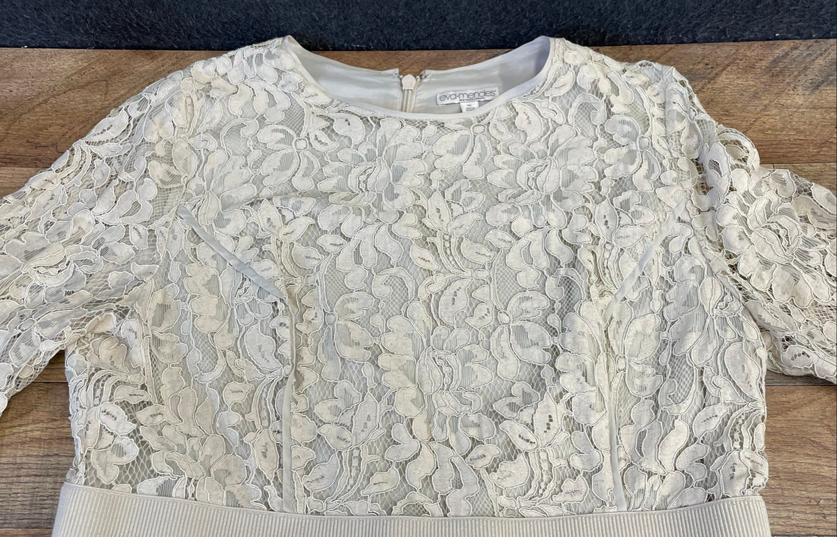 Eva Mendes Women's Cream Floral Lace 3/4 Sleeve Ribbon Waist Sheath Dress Sz XL
