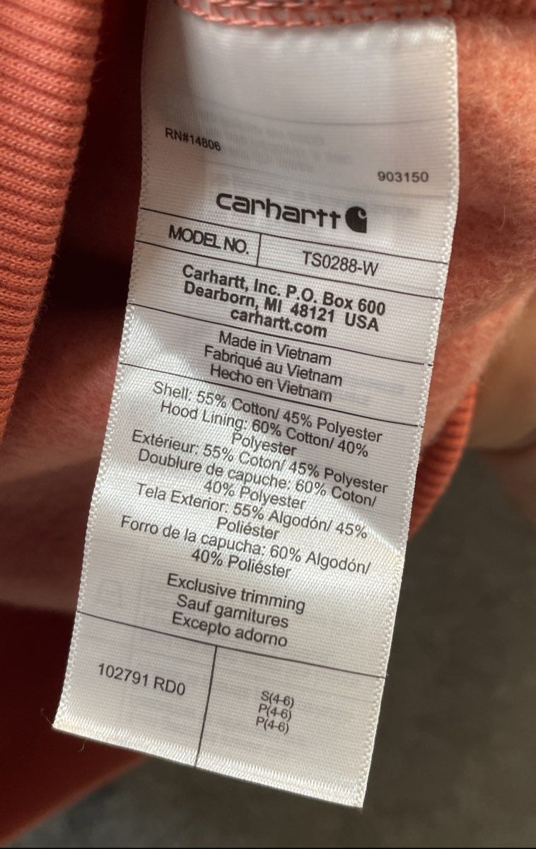 Carhartt Women's Relaxed Fit Hoodie Coral Orange Logo Sleeve Sz S TS0288-W