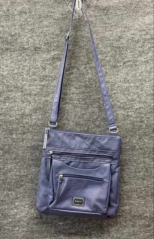 Rosetti Navy Blue Pebbled Faux Leather Multi-Pocket Crossbody Bag Silver