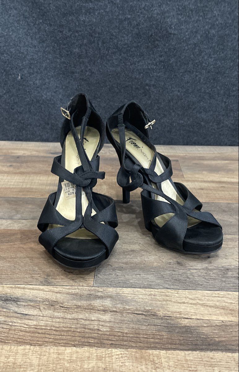 Fioni Night Black Fabric Strappy Platform Stiletto Heels Women's Size 8.5