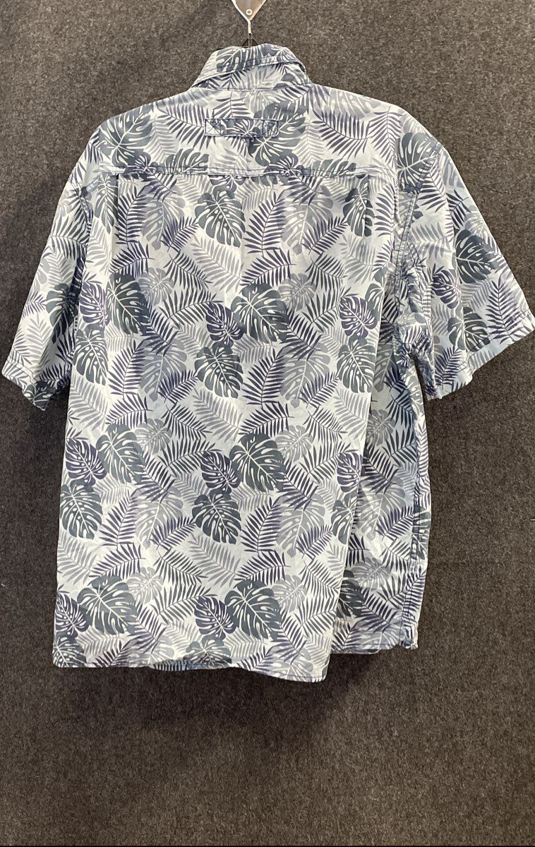 Duluth Trading Co Men's Blue Tropical Palm Leaf Cotton Relaxed Fit Shirt Sz L