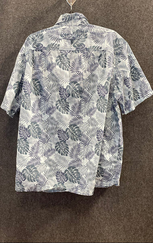 Duluth Trading Co Men's Blue Tropical Palm Leaf Cotton Relaxed Fit Shirt Sz L