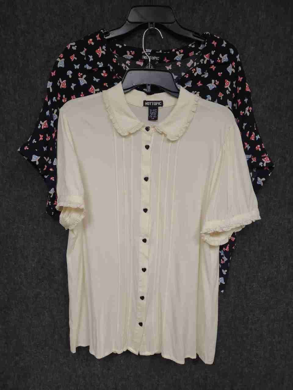 Hot Topic Women's Mushroom Print & Cream Heart Button Ruffle Blouse Lot Sz XXL