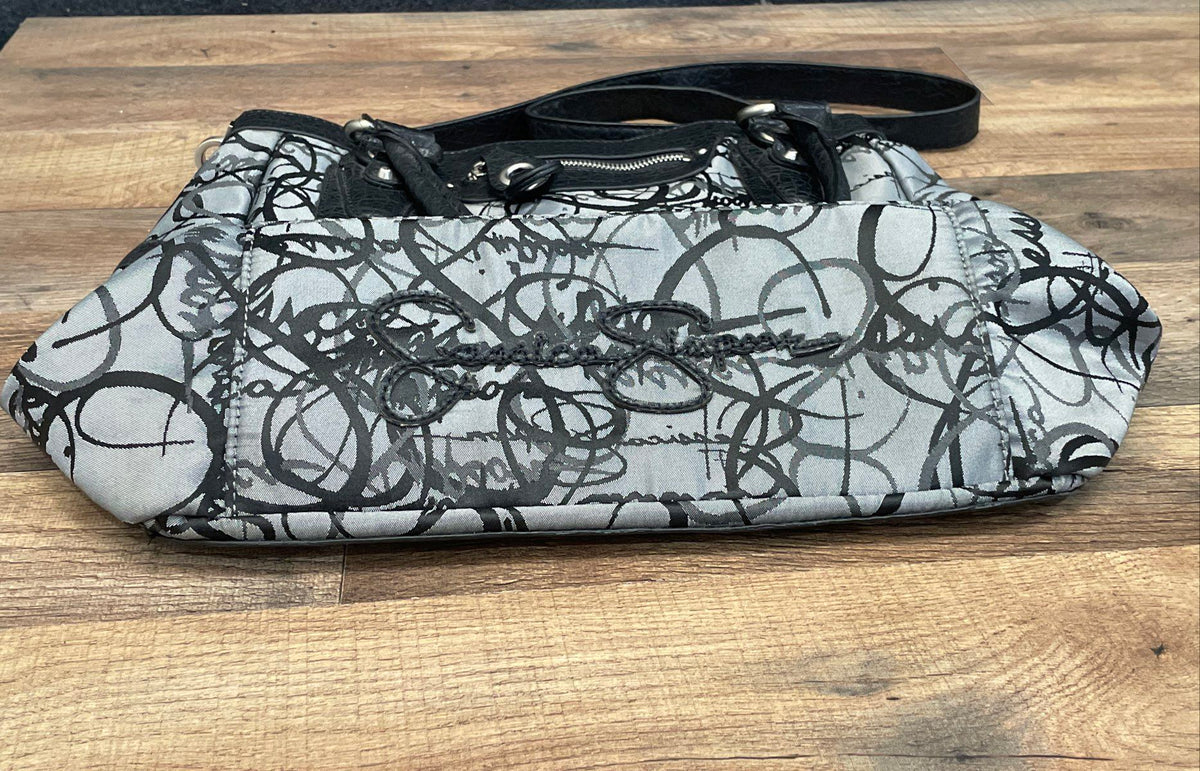 Jessica Simpson Grey Black Graffiti Logo Canvas Hobo Shoulder Bag Silver