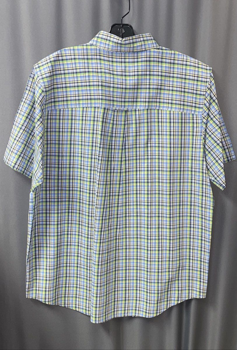 Chaps Men's Button Up Shirt Blue Green Plaid Short Sleeve Easy Care Size L