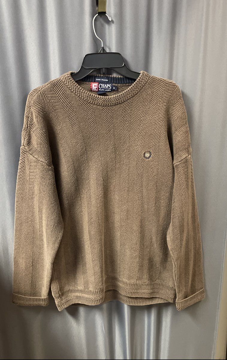 Vintage 90s Chaps Ralph Lauren Men's Brown Chevron Knit Cotton Sweater Size M