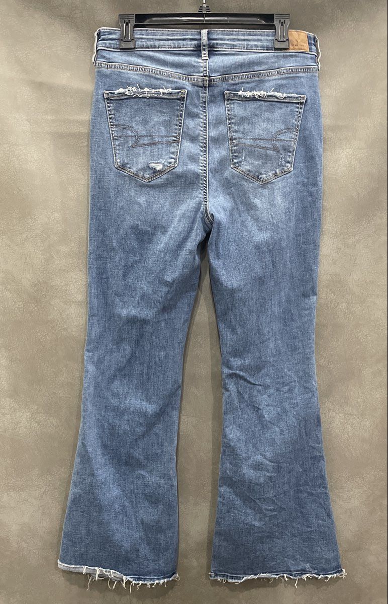 American Eagle Women's High-Rise Flare Jeans Blue Distressed Raw Hem Size 10