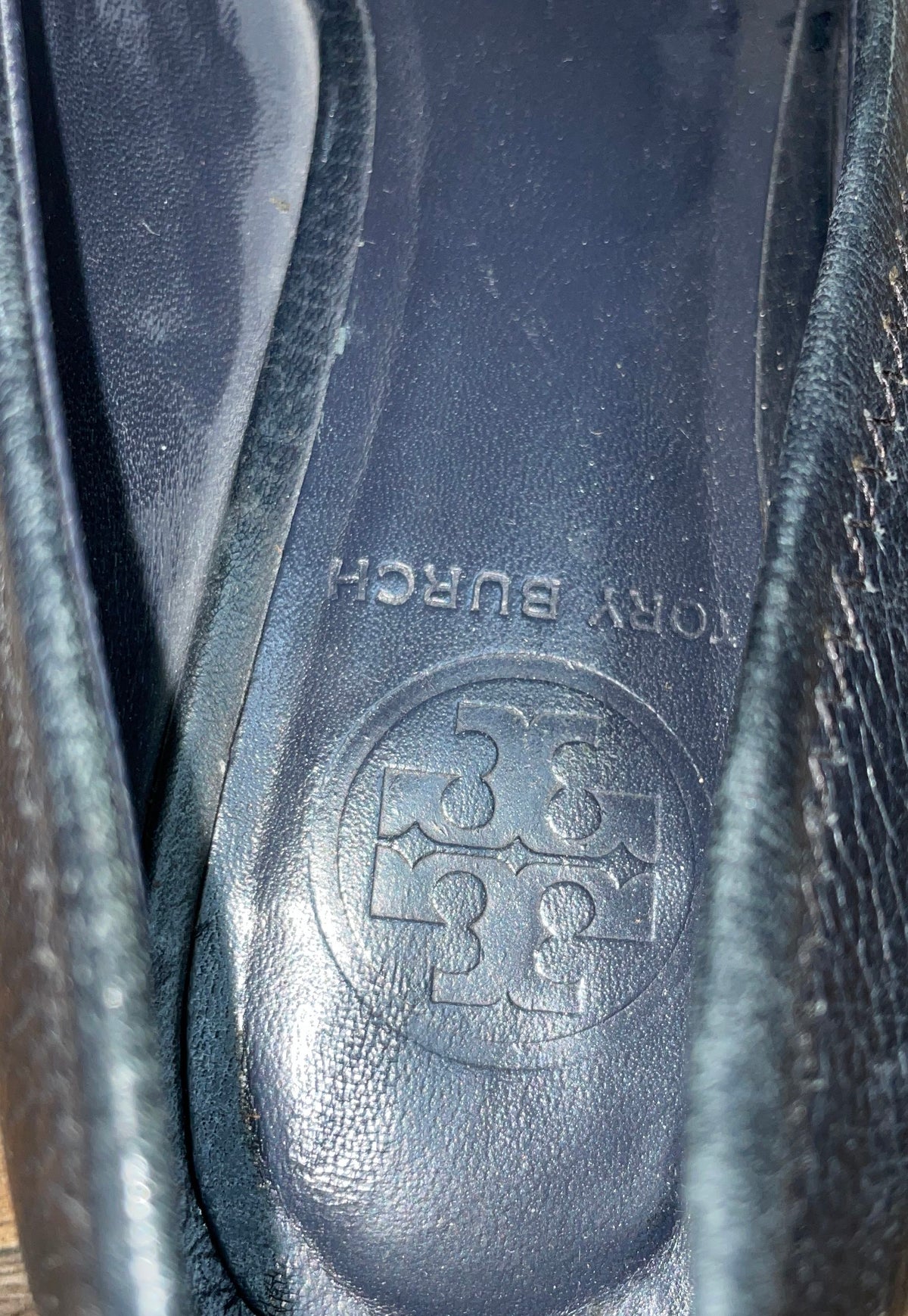 Tory Burch Navy Blue Leather Sally Peep Toe Cork Wedge Heels Size 7M