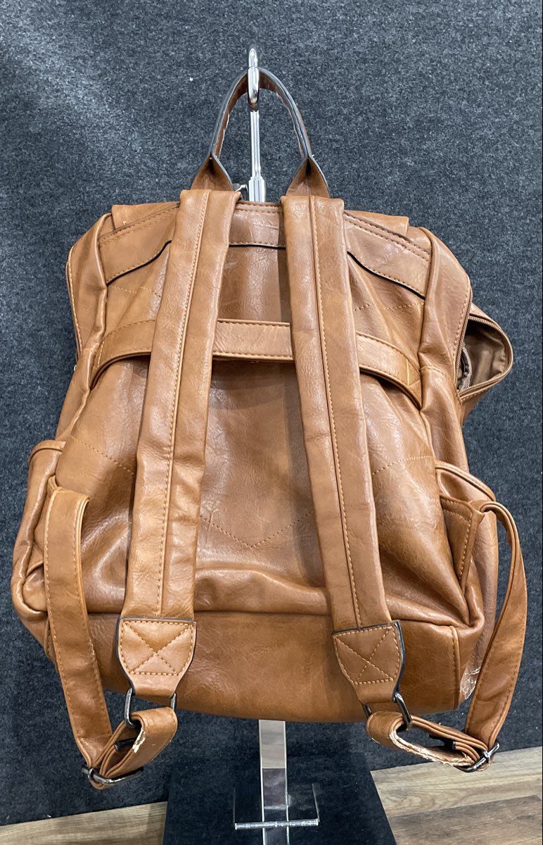 Brown Leather Flap Buckle Backpack Large Laptop Bag Gunmetal Hardware