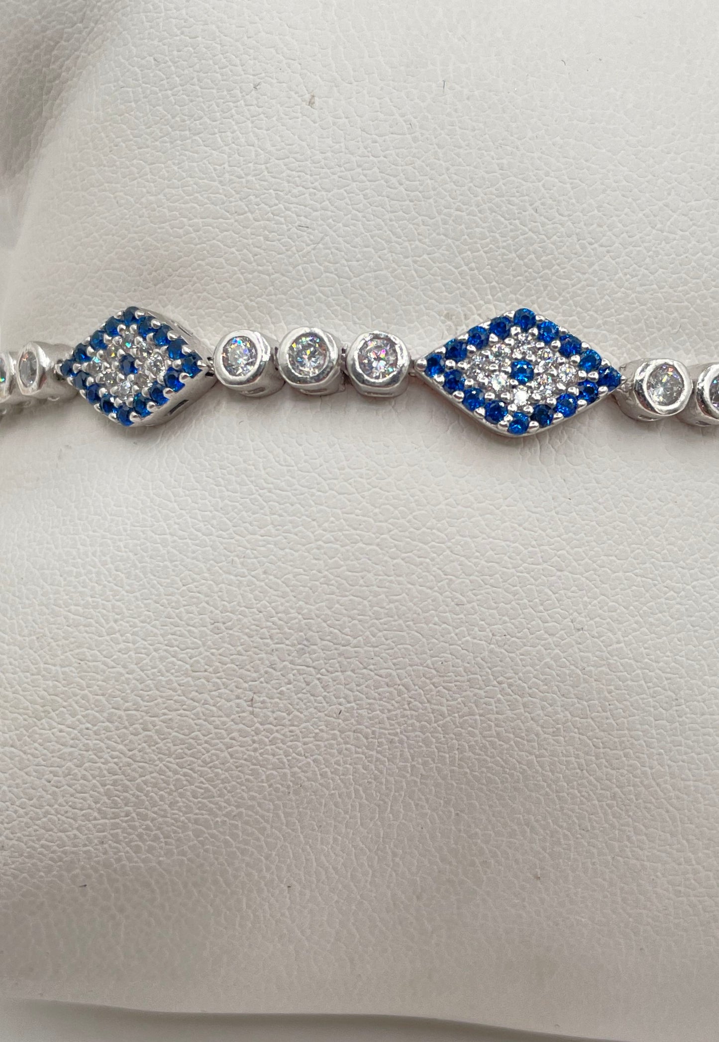925 Sterling Silver Clear CZ Blue Sapphire Evil Eye Bolo Tennis Bracelet 8.6g
