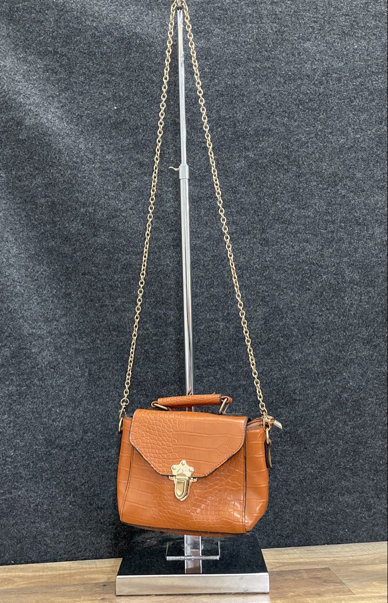Brown Croc Embossed Leather Satchel Crossbody Bag Gold Chain Strap