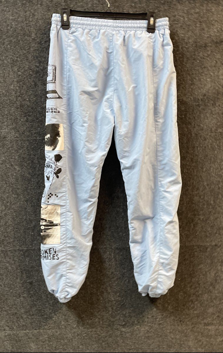 Broken Promises Men's Light Blue Graphic Nylon Track Pants Joggers Size Medium
