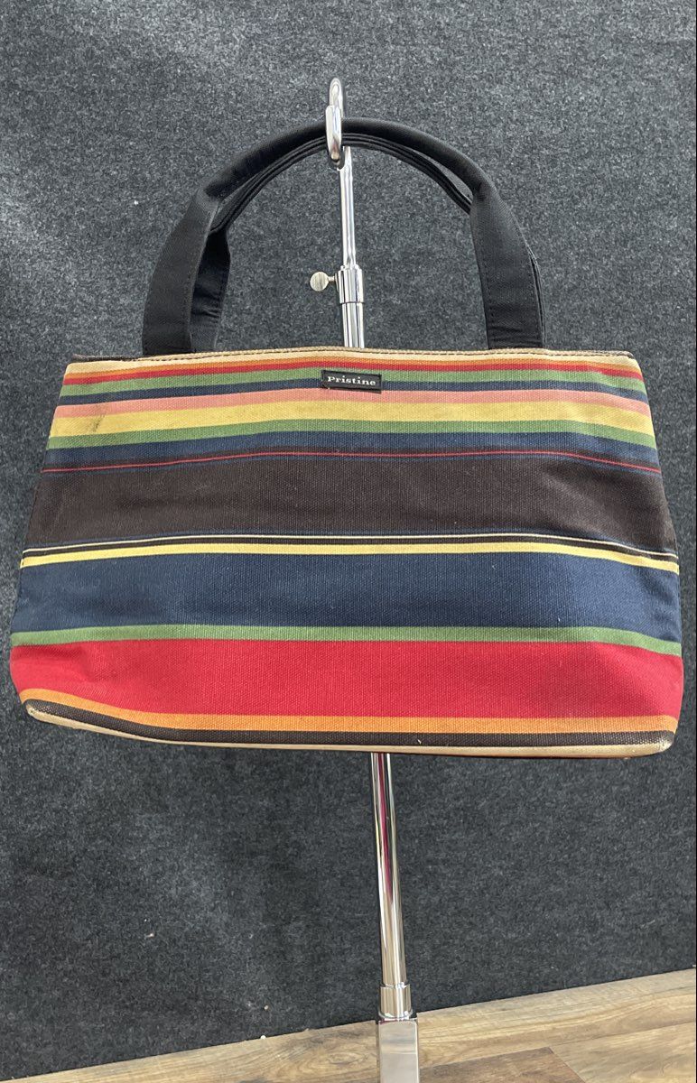 Pristine Multicolored Striped Canvas Tote Handbag Double Handle Footed Base