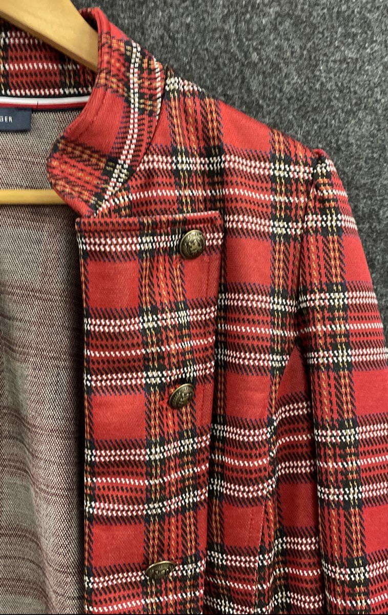 Tommy Hilfiger Women's Red Plaid Band Jacket Gold Crest Buttons NWT Sz M