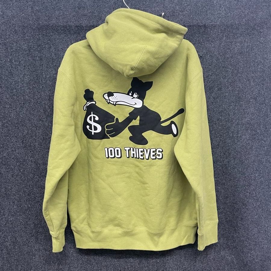 100 Thieves Men's Wolf Pullover Hoodie Olive Green Graphic Sweatshirt Sz L