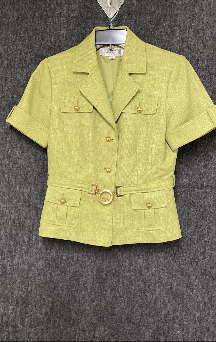 Tahari Women's Lime Green Short Sleeve Belted Utility Blazer Gold Buttons Sz 4P