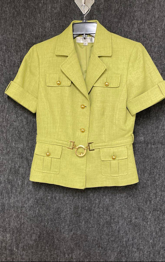 Tahari Women's Lime Green Short Sleeve Belted Utility Blazer Gold Buttons Sz 4P