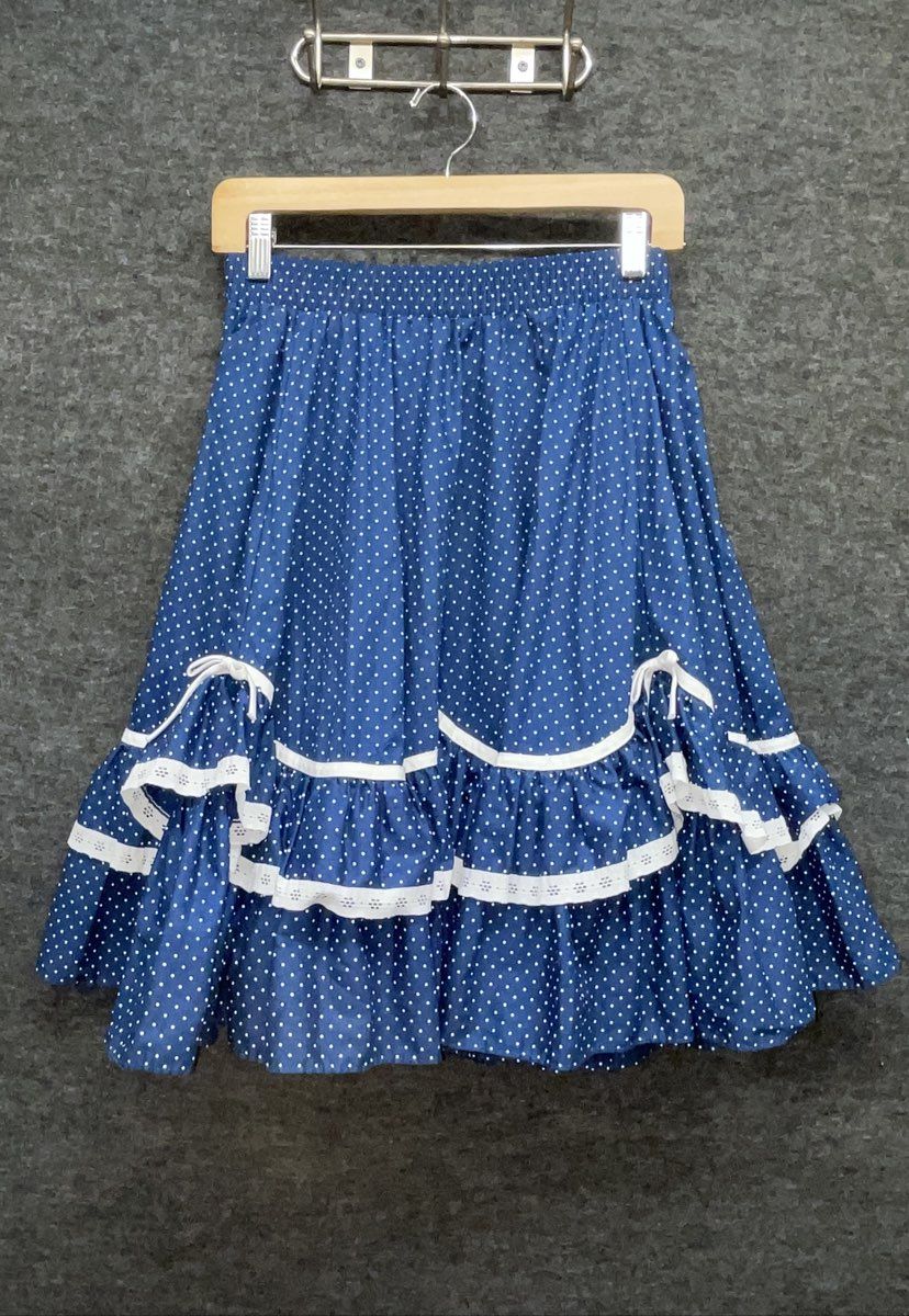 Vintage 80s Blue Polka Dot Square Dance Skirt Blouse Set Eyelet Size M