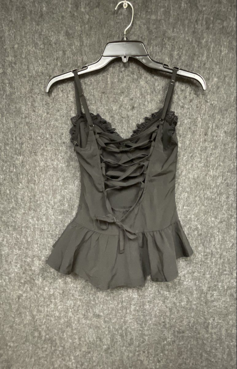 Killstar Women's Peplum Camisole Top Black Lace Trim Corset Back XS