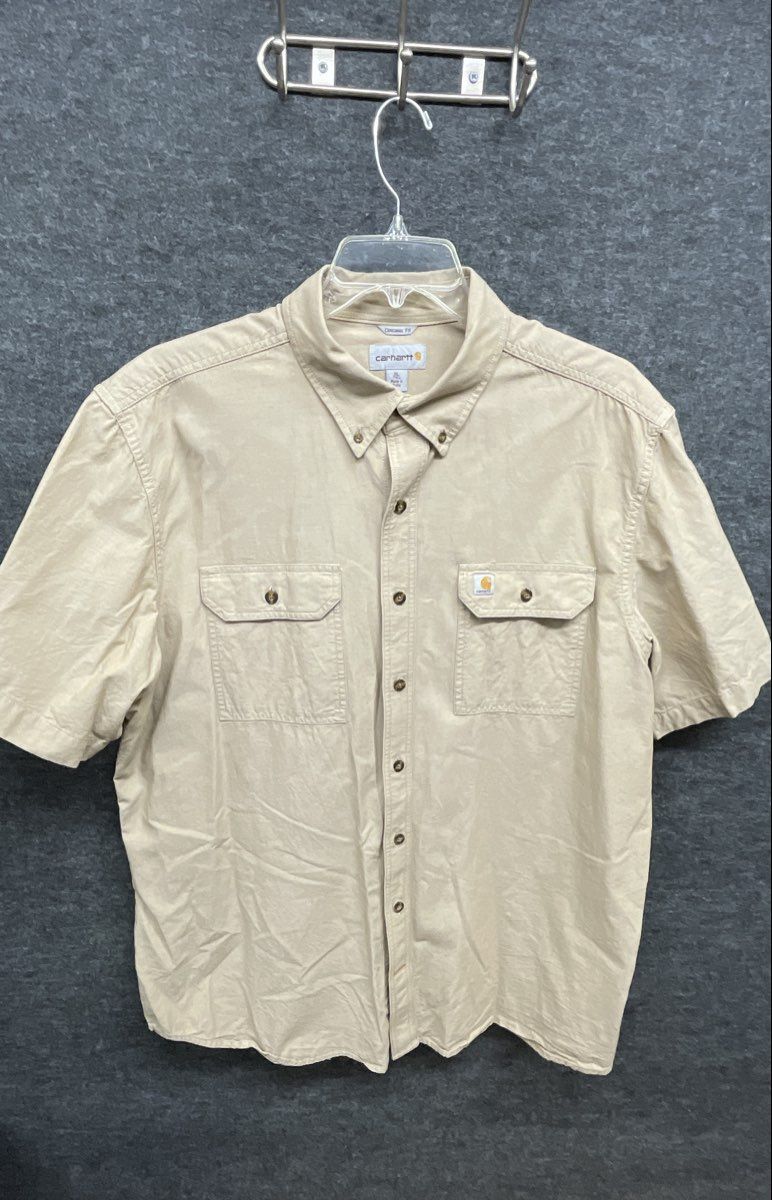 Carhartt Men's Short Sleeve Button Down Shirt Tan Original Fit Sz XL Tall