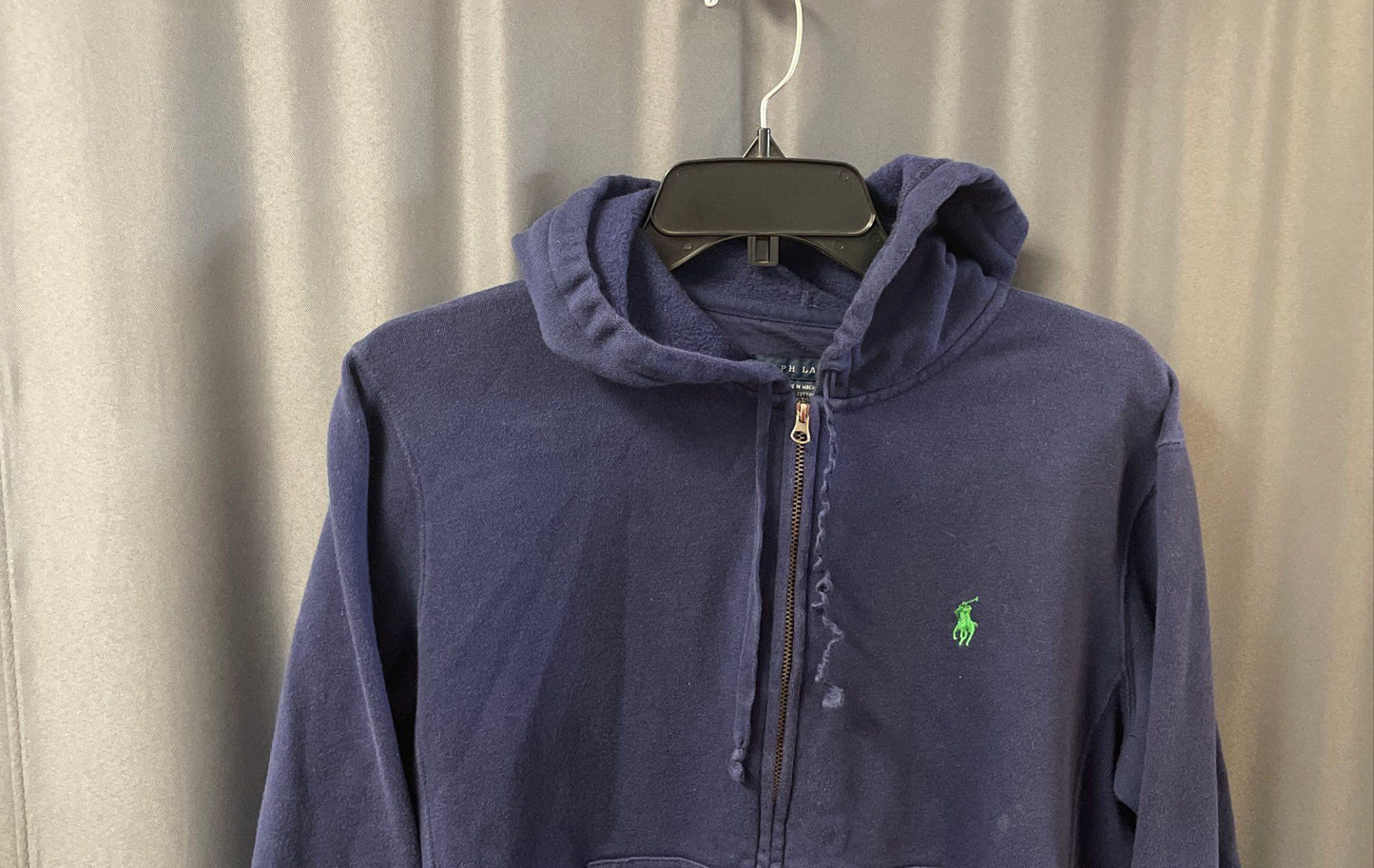 Vintage Y2K Ralph Lauren Men's Navy Blue Zip Up Hoodie Green Pony Logo Sz L