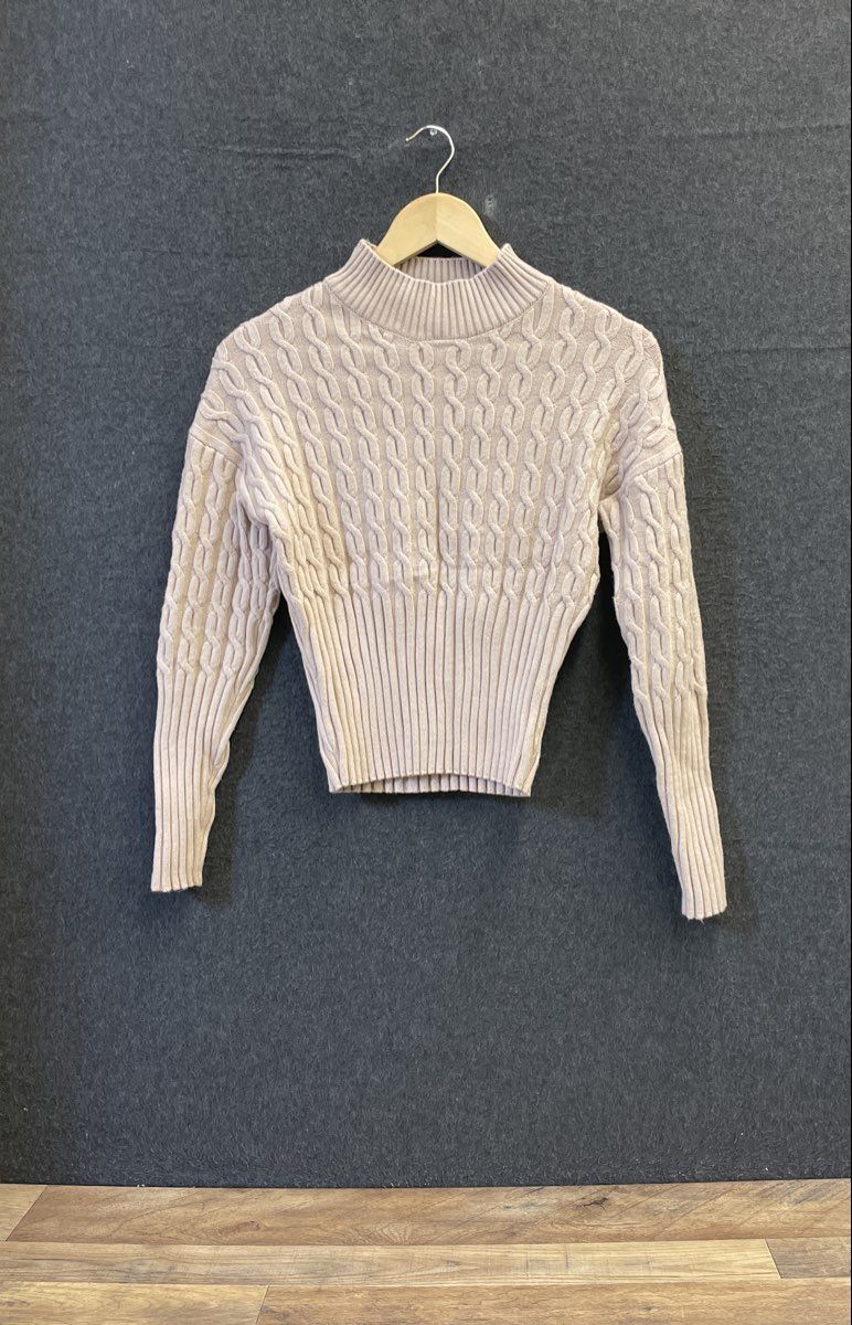Jason Wu Women's Beige Cable Knit Mock Neck Long Sleeve Ribbed Sweater Sz S