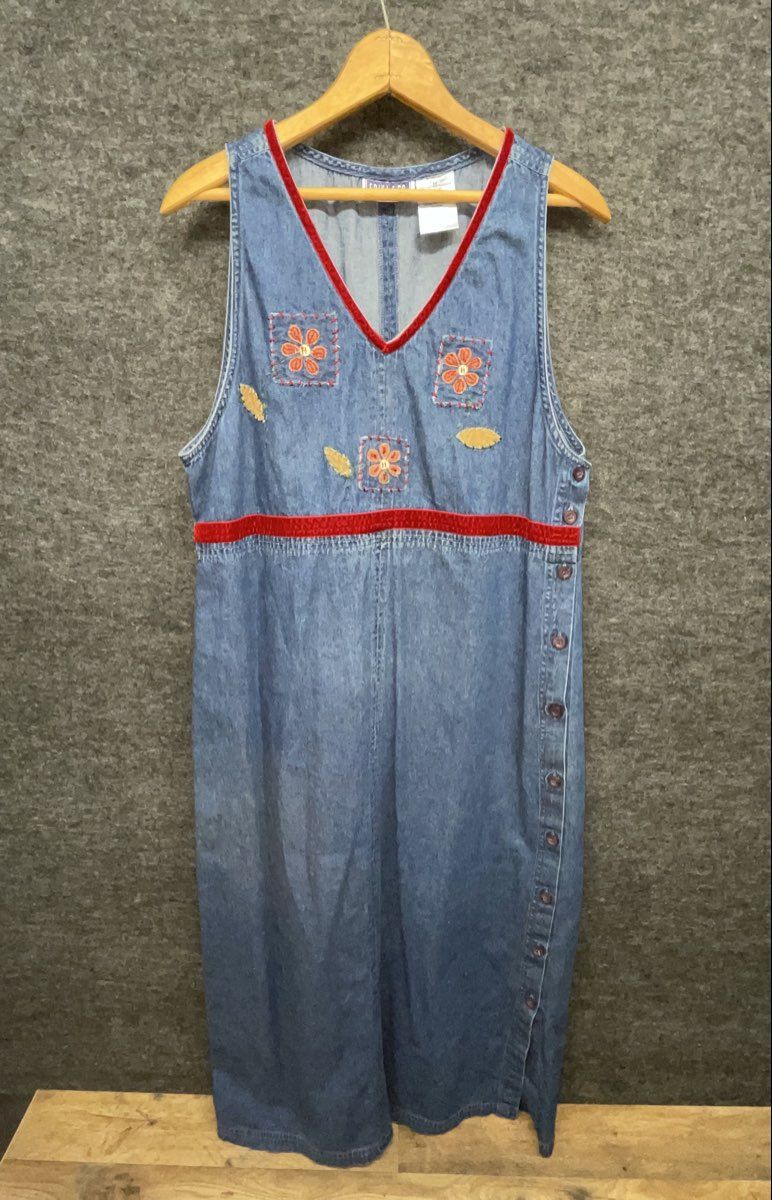 Erika & Co Women's Vintage 90s Denim Maxi Jumper Dress Blue Floral Red Trim Sz M