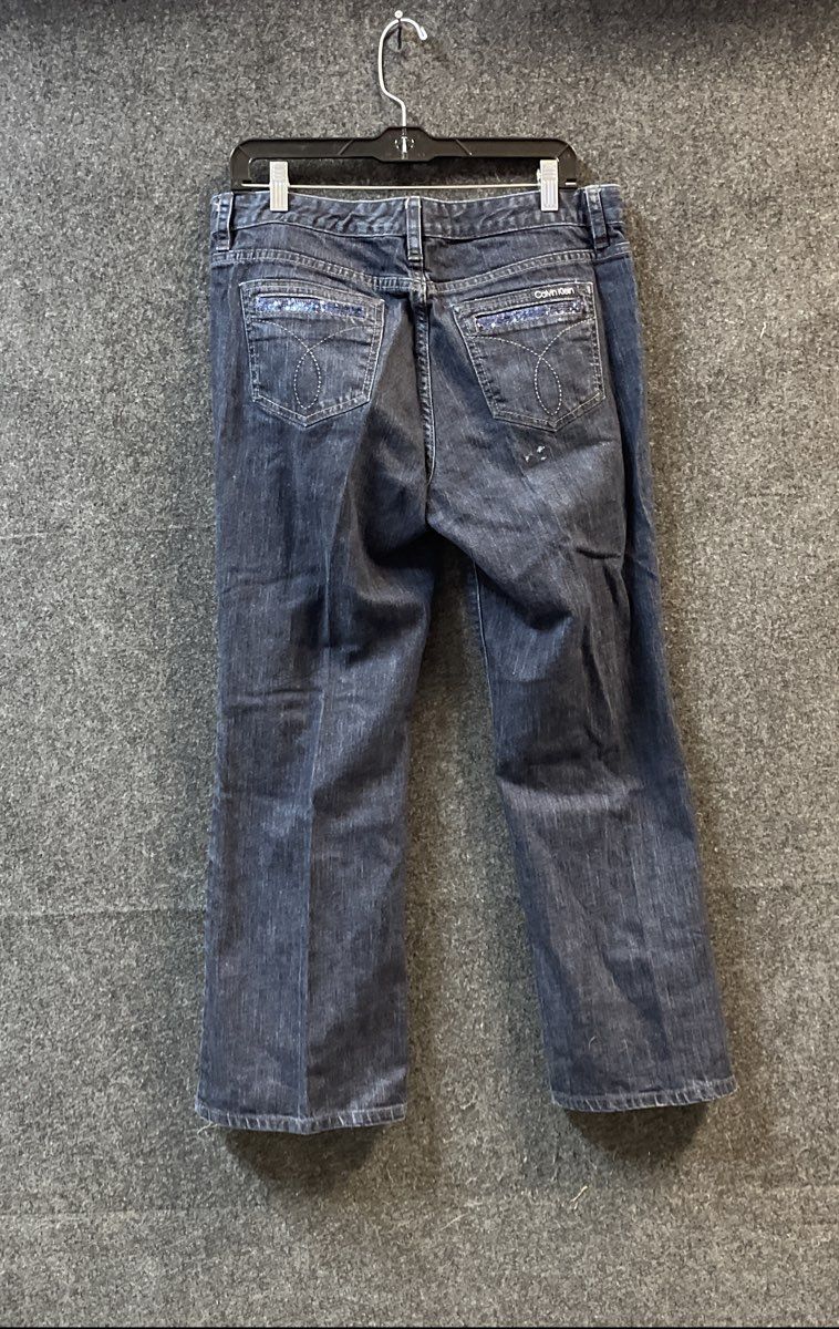 Calvin Klein Women's Dark Wash Denim Flare Jeans Sz 14P Embroidered Pockets