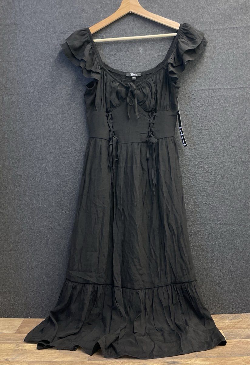 Trixxi Women's Black Lace Up Ruffled Smocked Midi Dress NWT Sz L