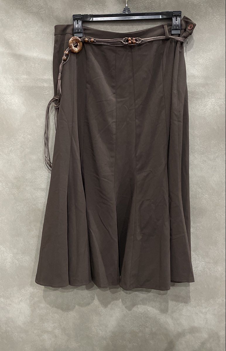 Dressbarn Women's Brown A-Line Flared Midi Skirt with Beaded Rope Belt Sz 12