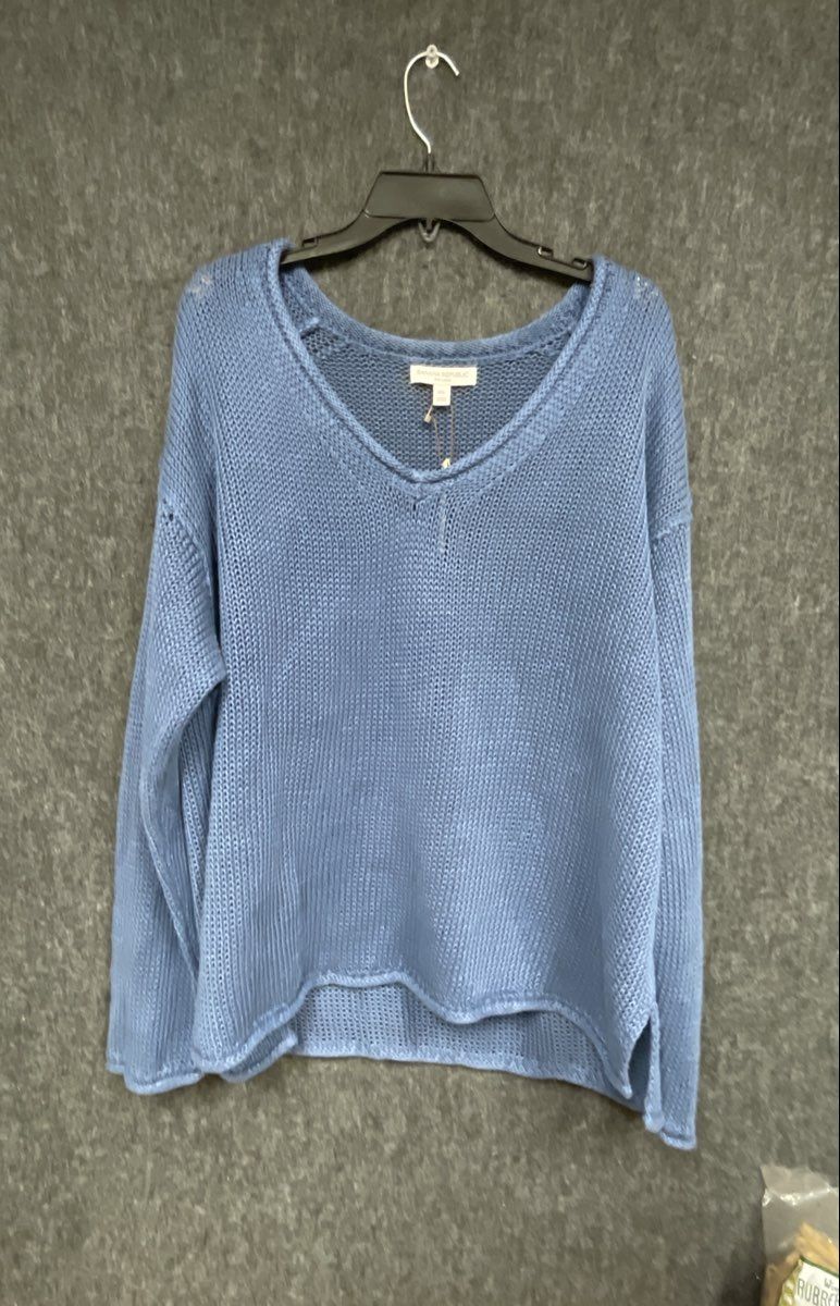 Banana Republic Women's Blue 100% Linen V-Neck Open Knit Sweater XXL NWT