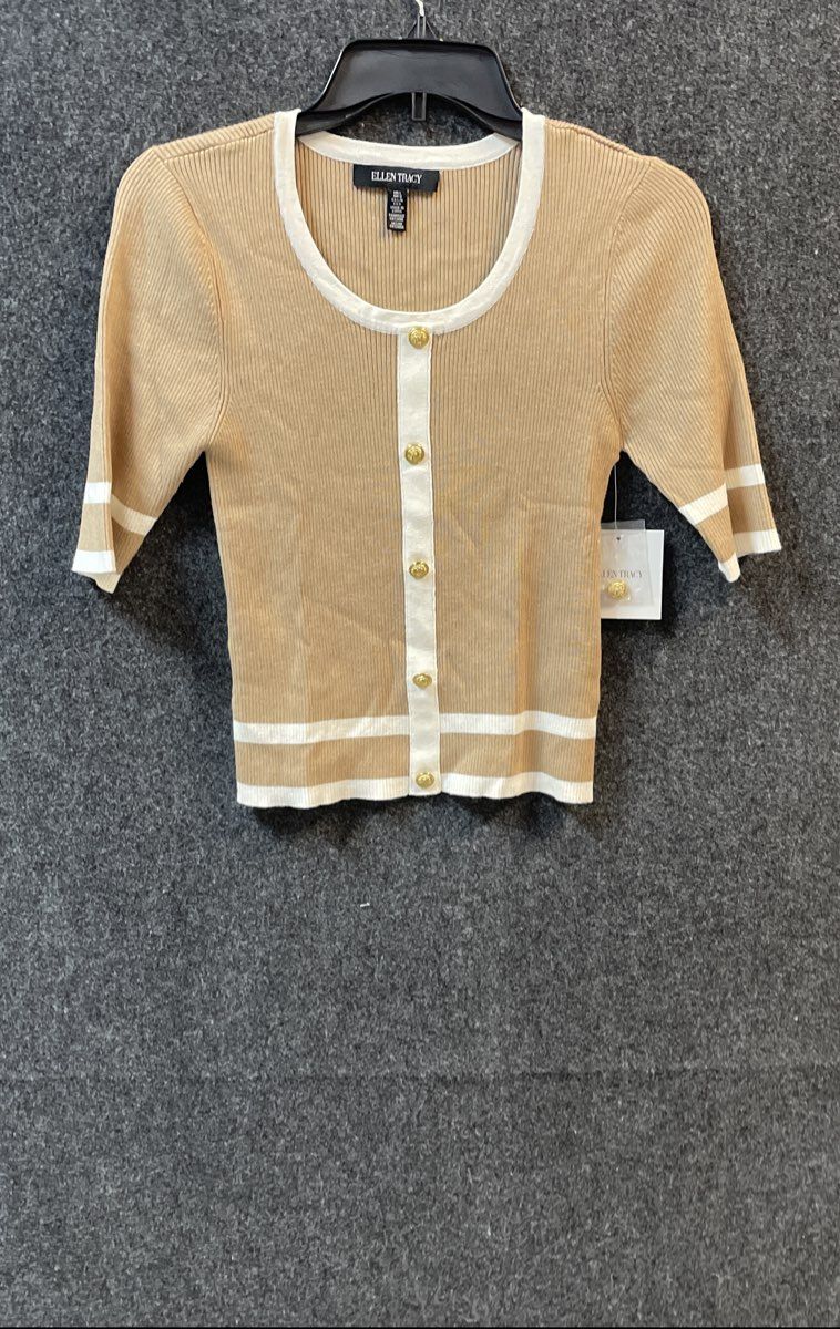 Ellen Tracy Women's Tan Camel Ribbed Knit Cardigan Gold Button Top Sz L NWT