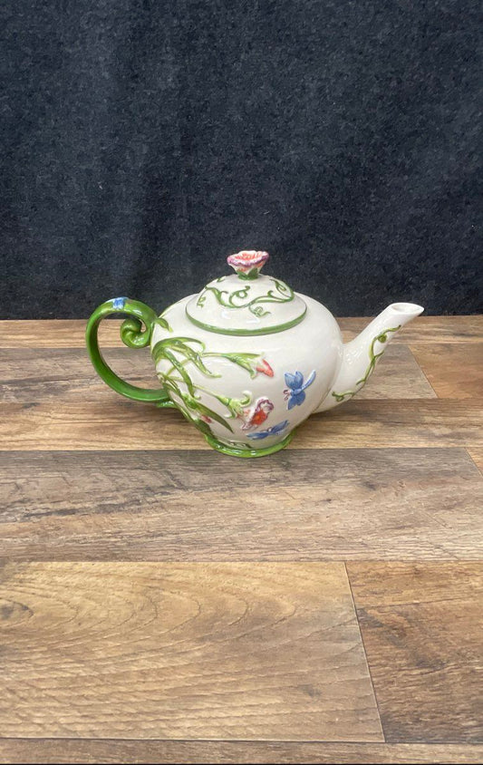 Temptations Stoneware Teapot W/ Butterflies Dragonflies Flowers Design