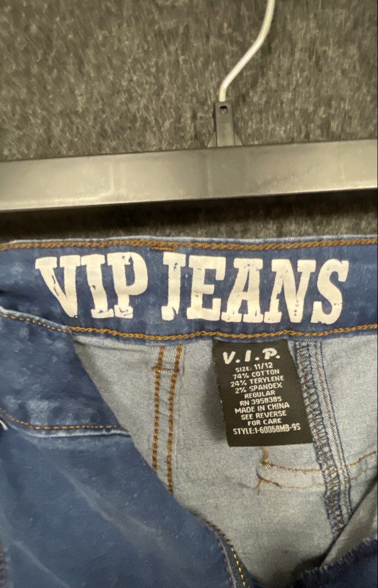 VIP Jeans Women's Blue Cargo Jeans Raw Hem Faded Utility Straps Seam Front 11/12