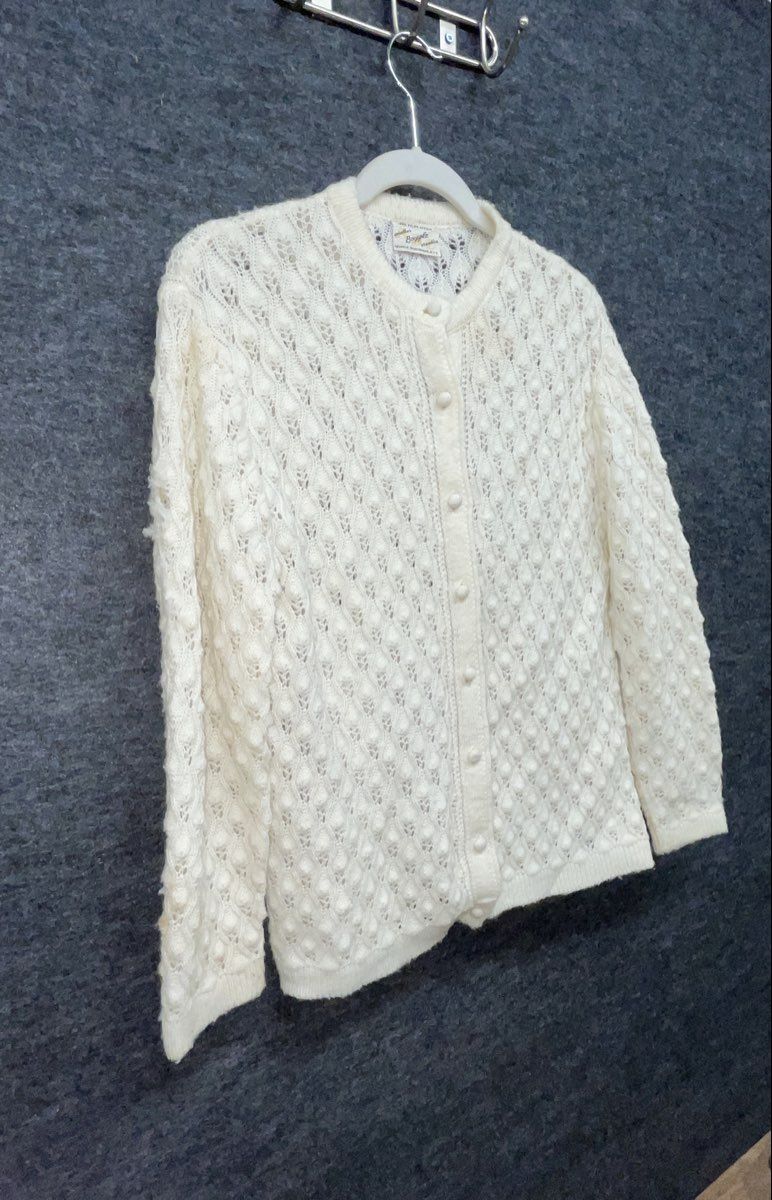 Vintage 60s Boepple White Pointelle Knit Cardigan Sweater Orlon Acrylic Sz M