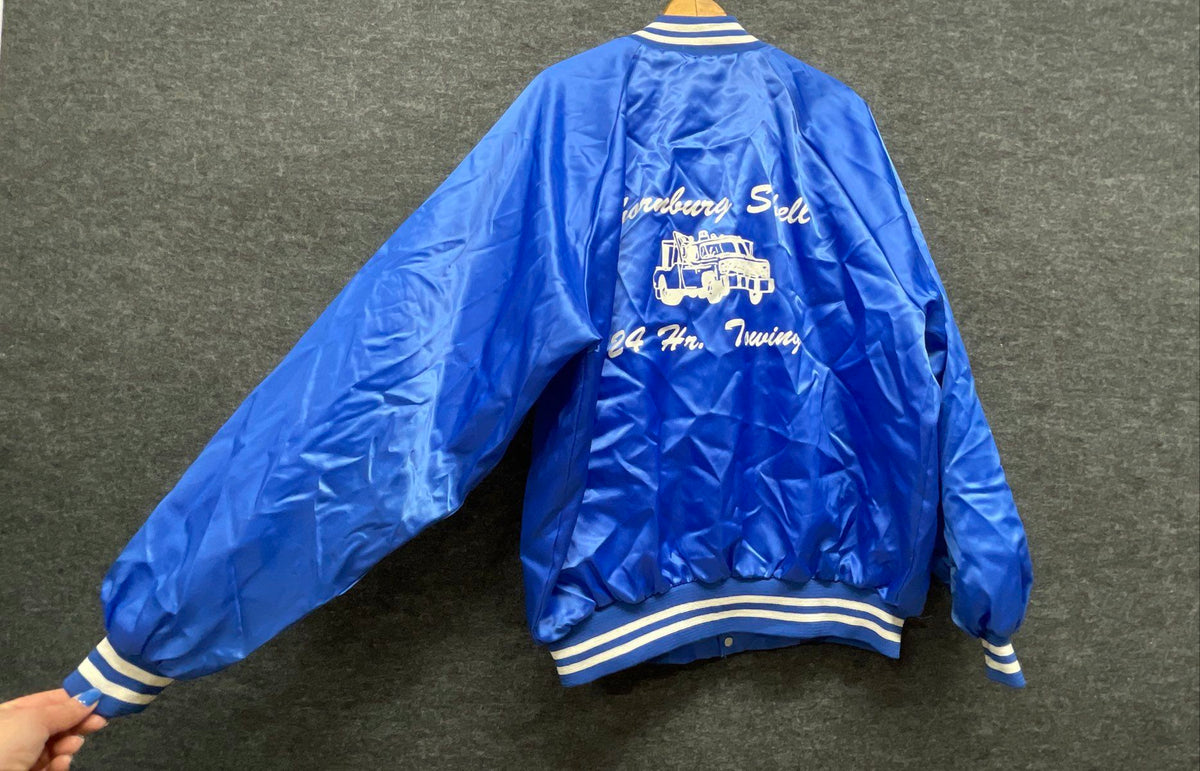 Vintage 80s Thornburg Shell 24 Hr Towing Satin Bomber Jacket Blue XL USA