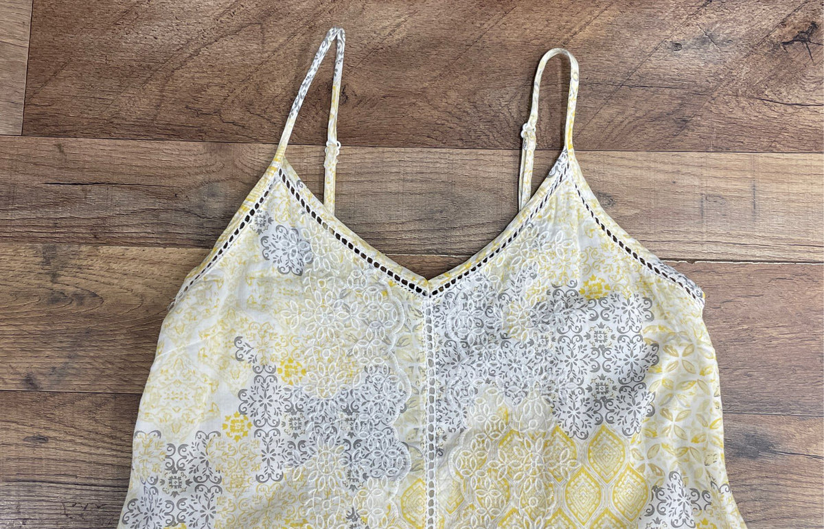 Rachel Zoe Women's Yellow Gray Eyelet Tiered Floral V-Neck Midi Dress Sz S