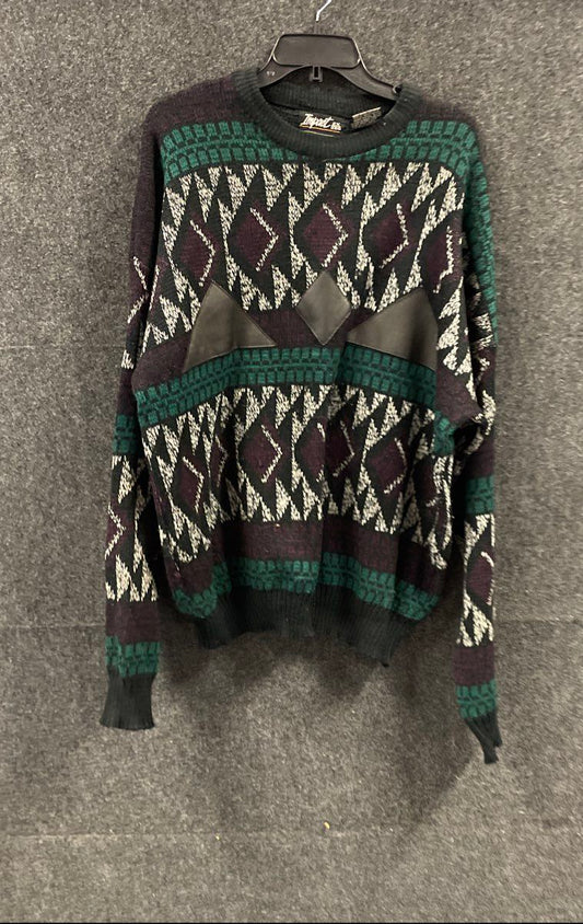 Vintage 90s Impact Men's 2X Geometric Sweater Green Purple Leather Trim Acrylic