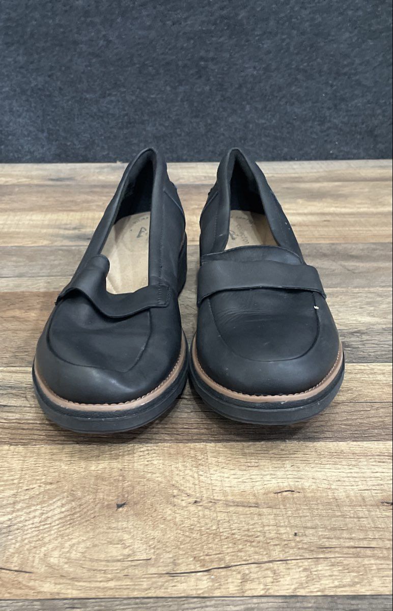 Clarks Sharon Dolly Black Leather Platform Loafers Women's Size 9.5