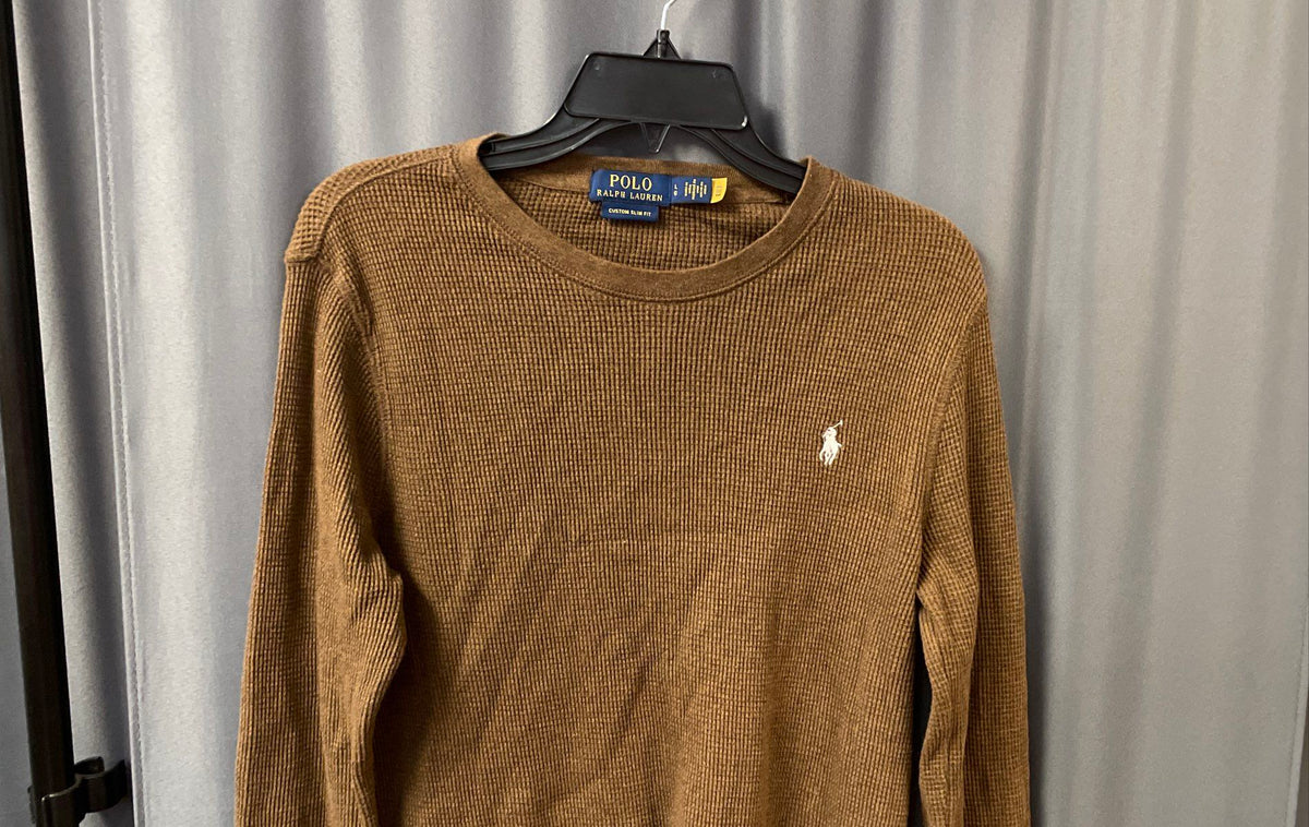 Polo Ralph Lauren Men's Brown Custom Slim Fit Waffle Knit Shirt Pony Logo Sz L