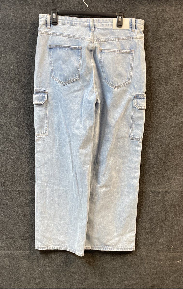 Meshki Women's Jagger Relaxed Denim Cargo Jeans Mid Blue 100% Cotton Sz M NWT