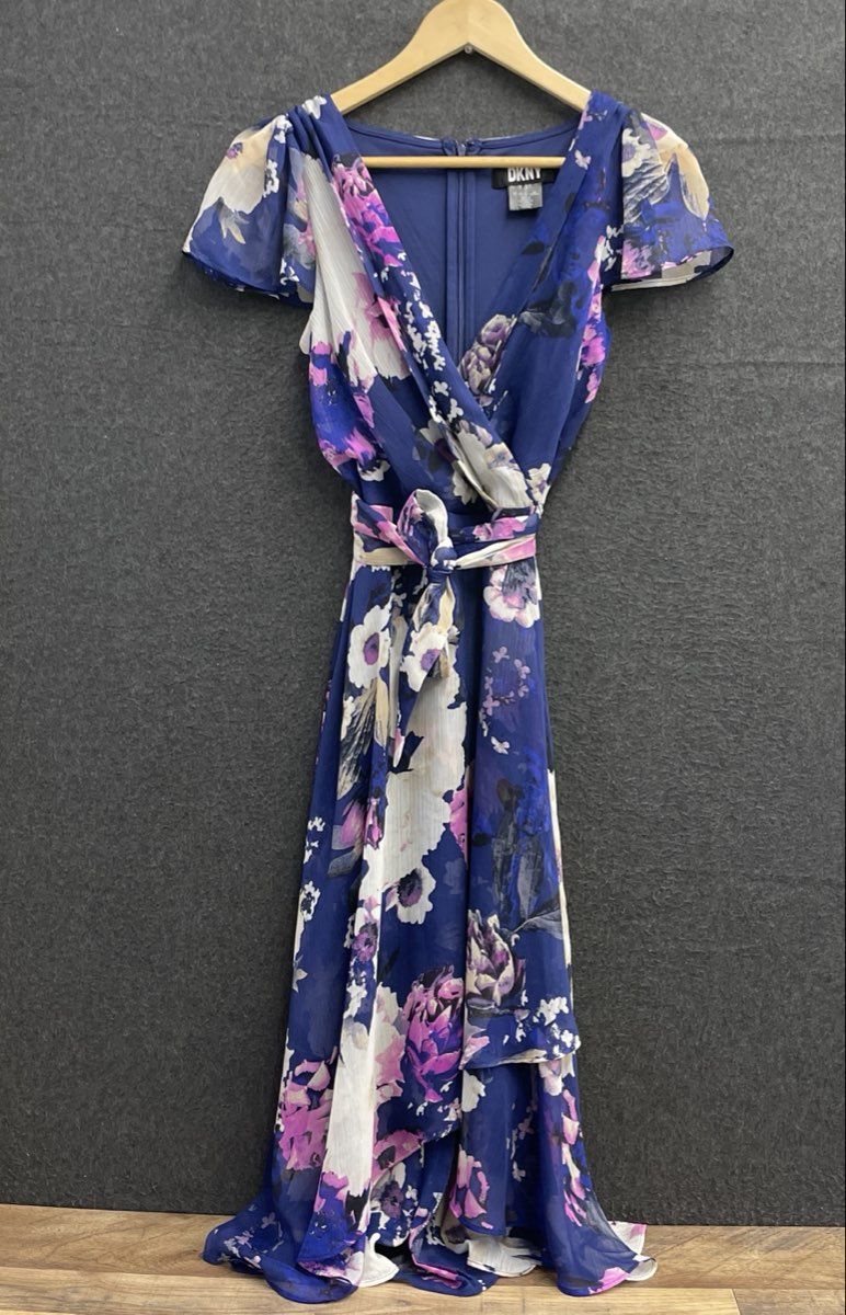 DKNY Women's Blue Floral V-Neck Tie Waist Flutter Sleeve Dress Sz 0