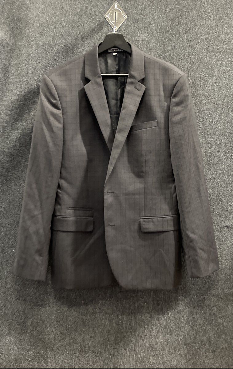 Express Men's Black 100% Wool Suit Jacket Blazer Subtle Check Plaid Sz 42R