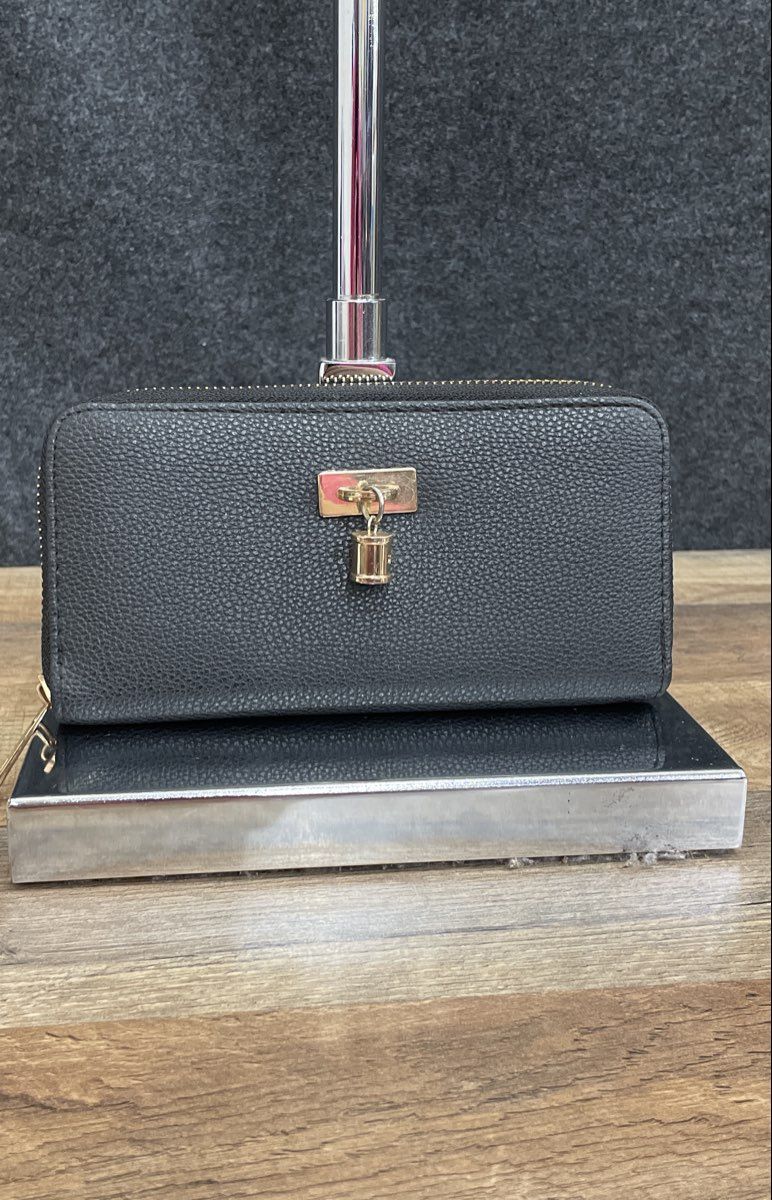 Black Pebbled Leather Zip Around Wallet Gold Lock Charm Clutch Purse 10x13"