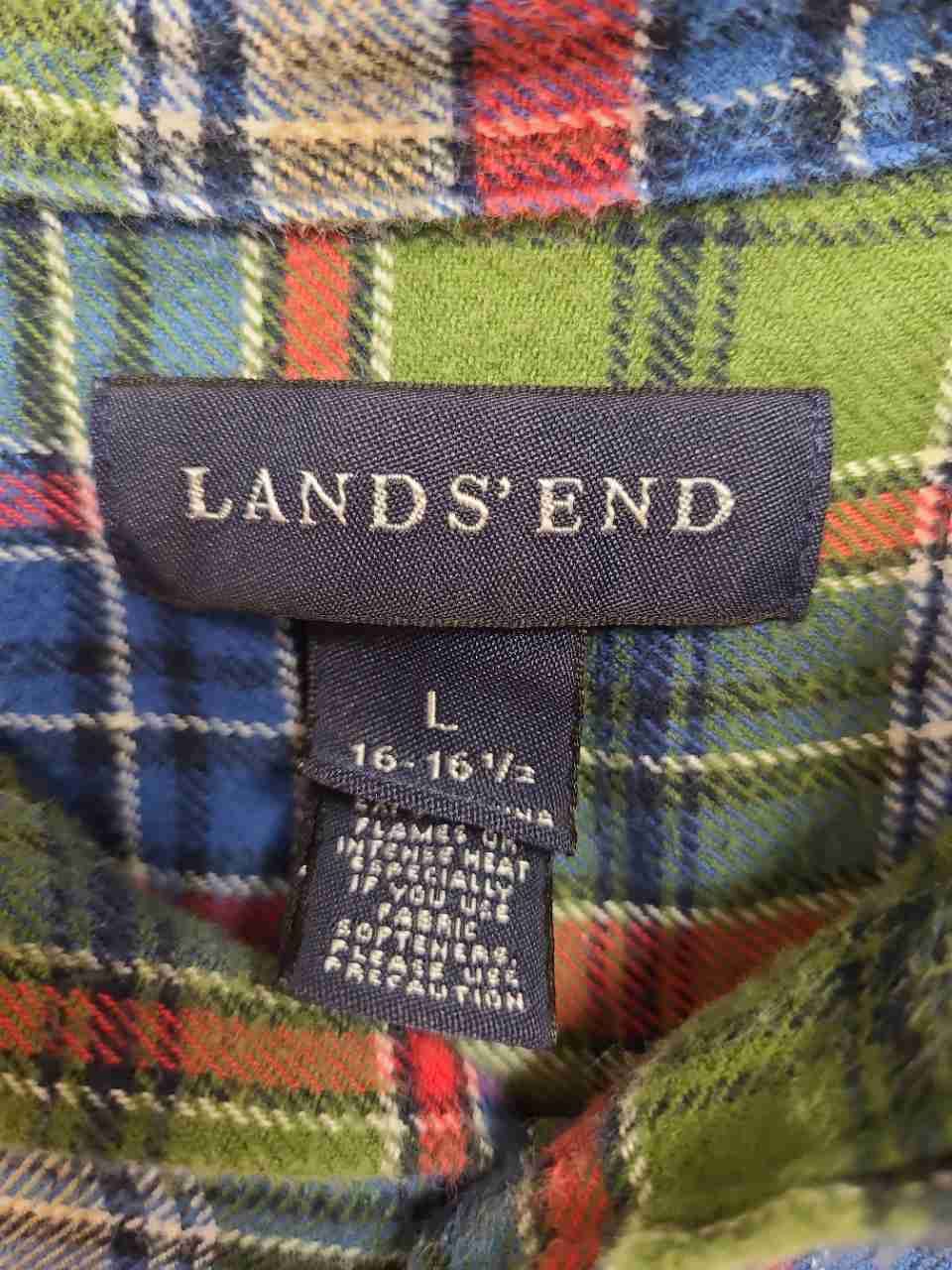 Lands' End Men's Vintage 90s Green Red Plaid Flannel Button Down Shirt Sz L