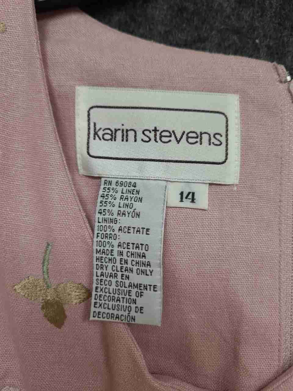 Karin Stevens Women's Vintage 90s Pink Floral Embroidered Linen Dress Sz 14